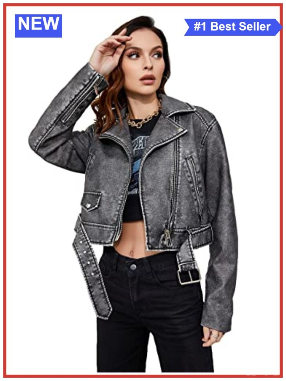 Faux Leather Cropped Moto Jacket with Belt Zipper Biker Short Coat